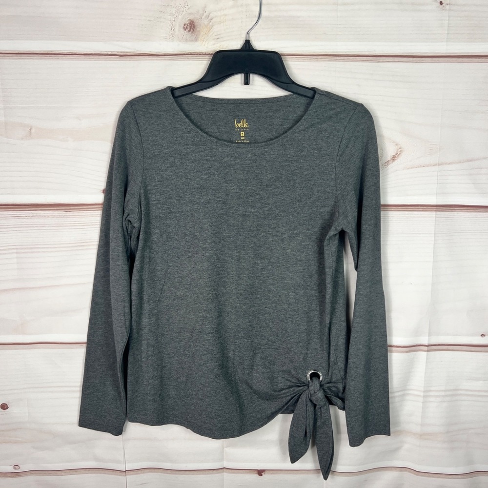 Belle Kim Gravel Top Womens XXS Gray TripleLuxe Knit Grommet Side Tie Blouse